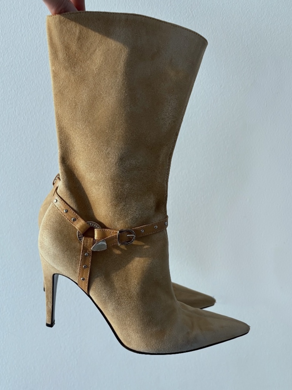 Vintage Gianni Versace Tan Suede Harness Pointed Heel Boots 37